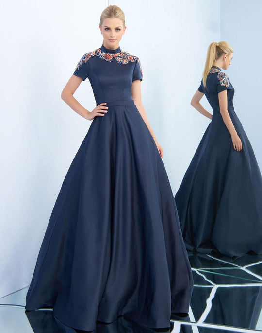 Ieena Duggal  - 25809I High Collar Embellished Satin Ballgown In Blue