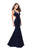 La Femme - 25813 Strappy Deep V-neck  Mermaid Dress In Blue