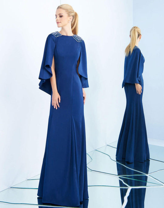Ieena Duggal  - 25829I Adorned Cape Overlay Trumpet Gown In Blue