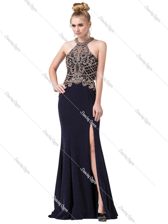 Dancing Queen - 2583 Beaded Multi-Cutout High Slit Gown In Blue