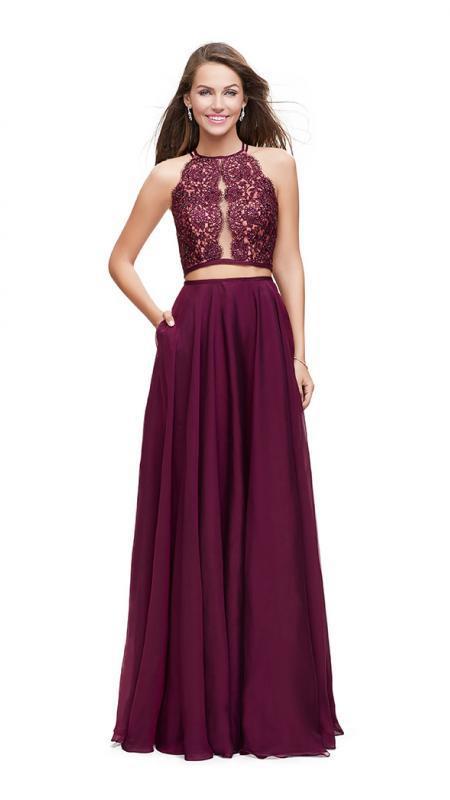 La Femme - 25843 Two-Piece Illusion Paneled Lace Bodice Chiffon Gown in Red