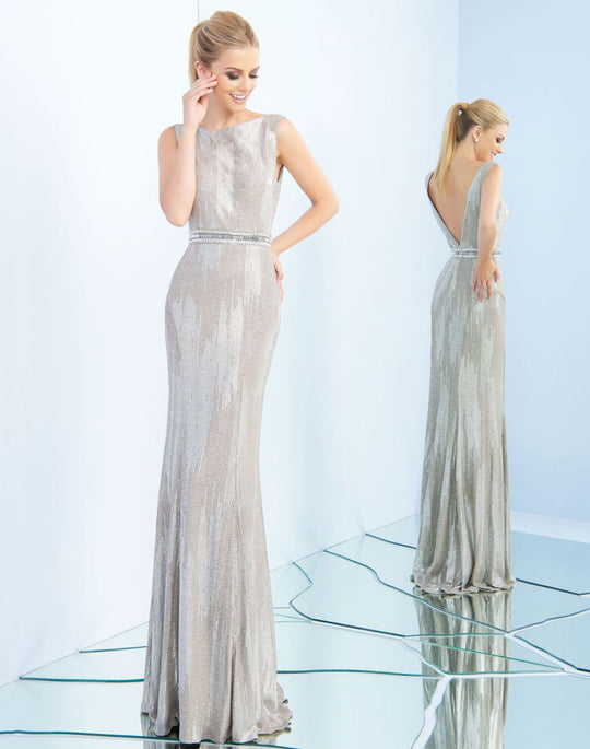 Ieena Duggal  - 25845I Ribbed Jersey Fitted Gown In Silver