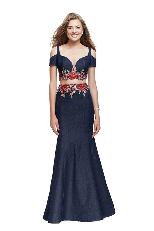La Femme - 25848 Cold Shoulder Floral Two Piece Denim Gown In Blue