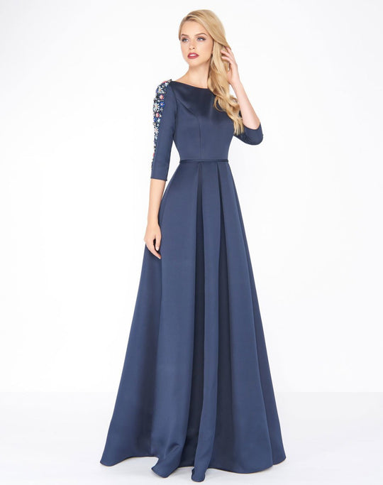 Mac Duggal - 25850R Quarter Sleeve Floral Beaded A-Line Gown In Blue