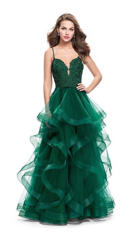 La Femme - 25857 Beaded Lace Deep Sweetheart A-line Dress in Green