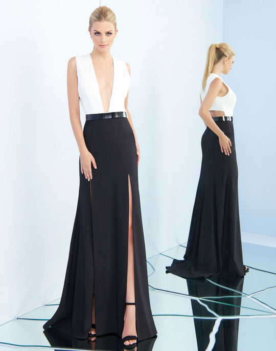 Ieena Duggal  - 25869I Plunging Slits Belted Dress In Black and White