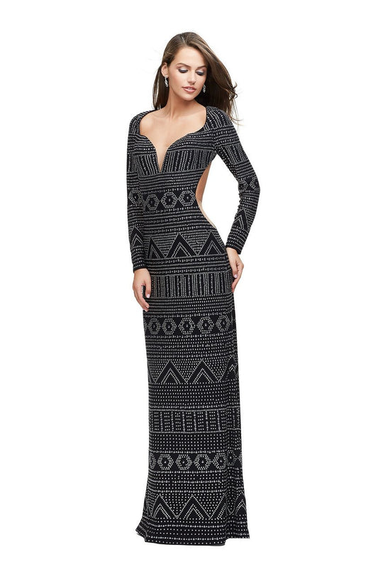 La Femme - 25872 Long Sleeve Patterned Metallic Beaded Evening Gown In Black