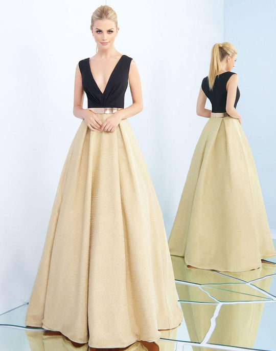 Ieena Duggal  - 25878I Sleeveless Ruched V-Neck Metallic Gown In Gold