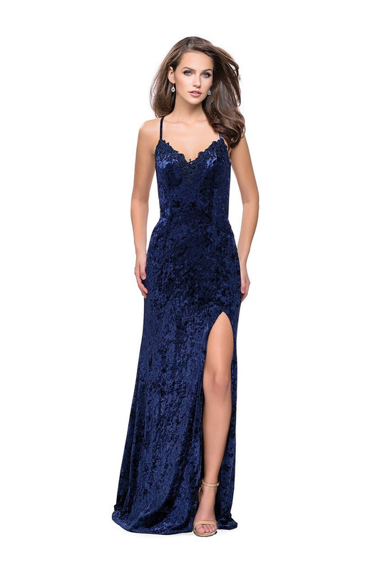 La Femme - 25881 Lace Sweetheart Velvet Sheath Dress In Blue