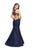 La Femme - 25885 Floral Printed Open Back Denim Trumpet Gown In Blue