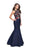 La Femme - 25885 Floral Printed Open Back Denim Trumpet Gown In Blue