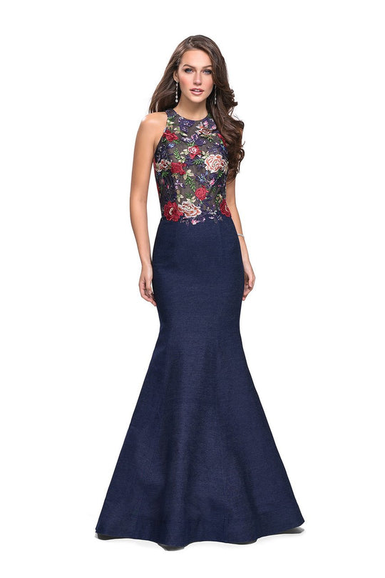La Femme - 25885 Floral Printed Open Back Denim Trumpet Gown In Blue