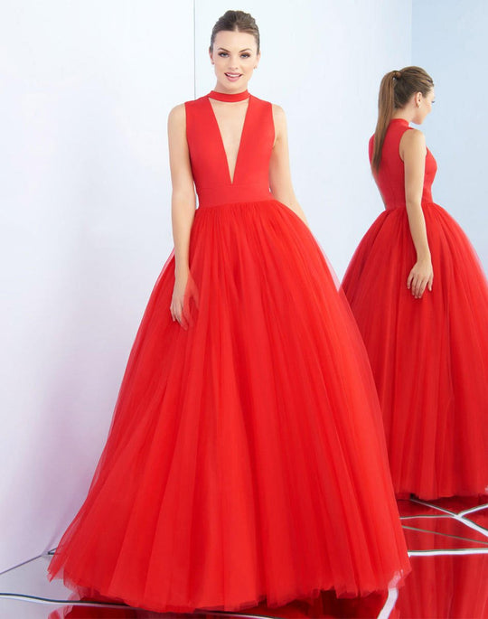 Ieena Duggal  - 25893I Choker Accented Plunging V-Neck Ballgown In Red