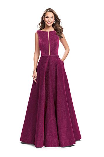 La Femme - 25895 Sparkling Bateau A-line Dress In Pink