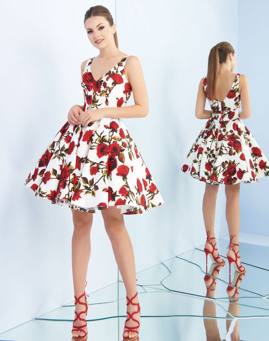 Ieena Duggal  - 25897I Rose Printed V Neck Cocktail Dress In White and Red