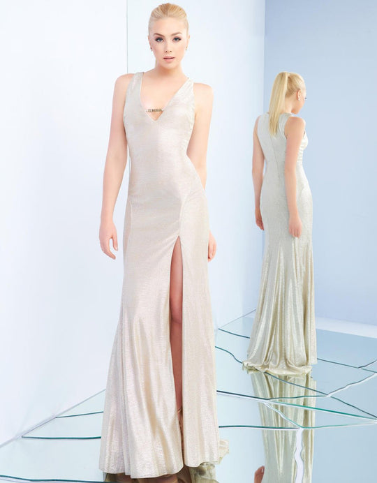 Ieena Duggal - 25909I Fitted V-Neck Sheath Evening Gown in Silver