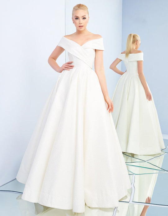 Ieena Duggal - 25917I Folded Off Shoulder Ballgown in White and Gold