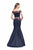La Femme - 25924 Off The Shoulder Floral Print Denim Gown In Blue