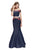 La Femme - 25924 Off The Shoulder Floral Print Denim Gown In Blue