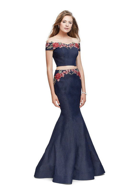 La Femme - 25924 Off The Shoulder Floral Print Denim Gown In Blue