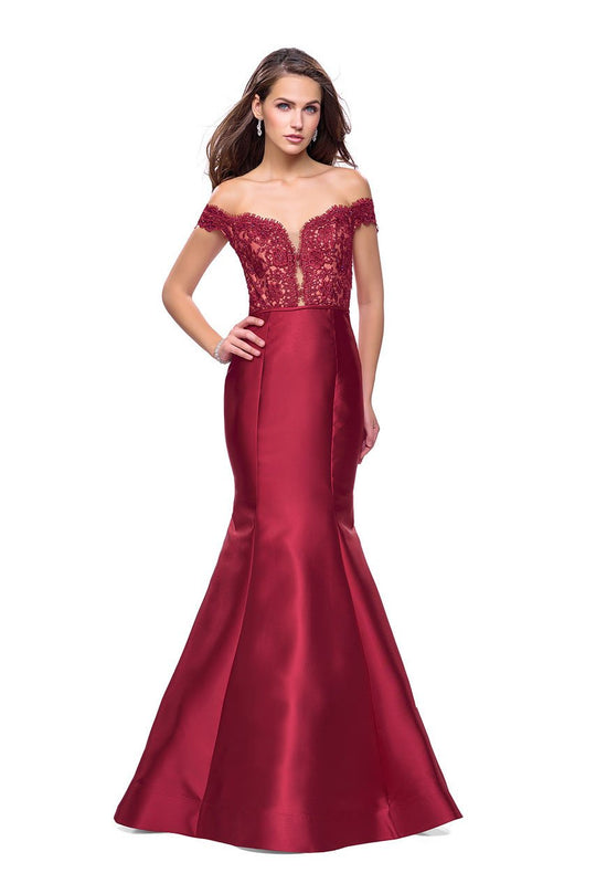 La Femme - 25926 Beaded Lace Off-Shoulder Mikado Mermaid Dress In Red