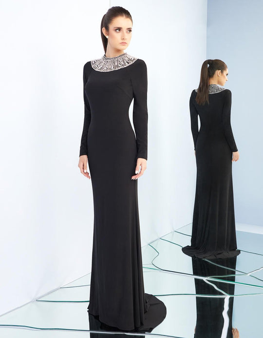 Ieena Duggal - 25926I Beaded High Neck Sheath Dress With Train in Black