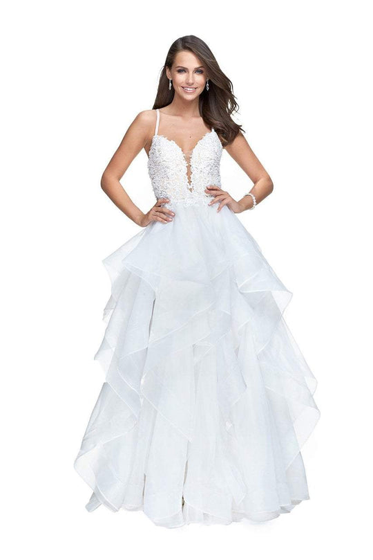 Beaded Plunging Sweetheart Ruffle Evening Gown 25928 in White