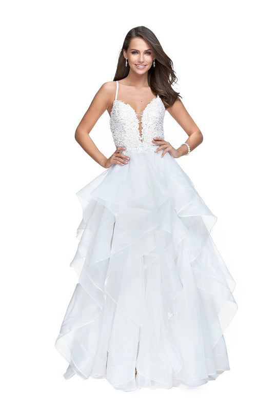 La Femme - 25928 Beaded Lace Sweetheart Ruffle Tulle Gown In White