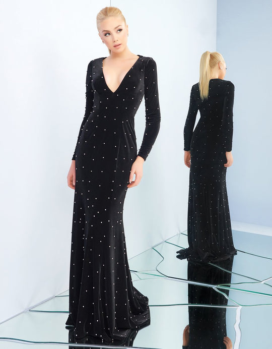 Ieena Duggal - 25934I Rhinestone Ornate Black Velvet Evening Gown in Black