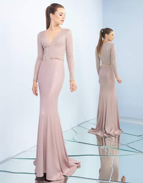 Ieena Duggal - 25935I Bedazzled Plunging V-neck Trumpet Dress In Pink