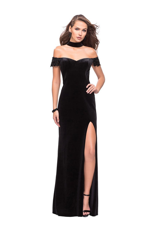 La Femme - 25937 Velvet Off Shoulder Dress with Attached Choker In Black
