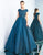 Ieena Duggal - 25938I Jeweled Neckline Teal Ballgown with Sweep Train in Green