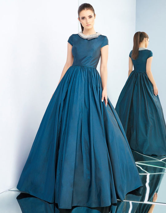 Ieena Duggal - 25938I Jeweled Neckline Teal Ballgown with Sweep Train in Green