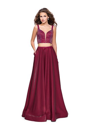 La Femme - 25939 Two Piece Deep V-neck A-line Dress In Red