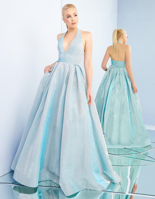 Ieena Duggal - 25939I Metallic Halter V-neck Ballgown With Train in Blue