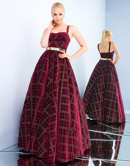 Ieena Duggal - 25949I Velvet Sweetheart Ballgown With Gold Belt in Red