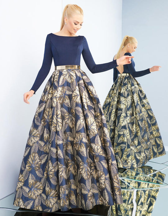 Ieena Duggal - 25950I Golden Leaf Bateau Long Sleeves Ballgown in Blue and Gold