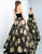 Ieena Duggal - 25955I Velvet Scoop Satin Gold Patterned Gown in Black and Gold