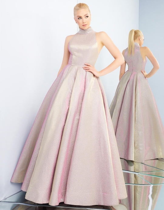 Ieena Duggal - 25957I Beaded High Halter Metallic Ballgown in Pink
