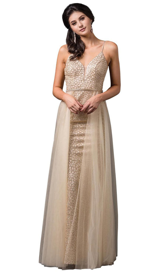 Dancing Queen - 2595 Glitter Mesh Sheath Gown with Tulle Overskirt  In Gold