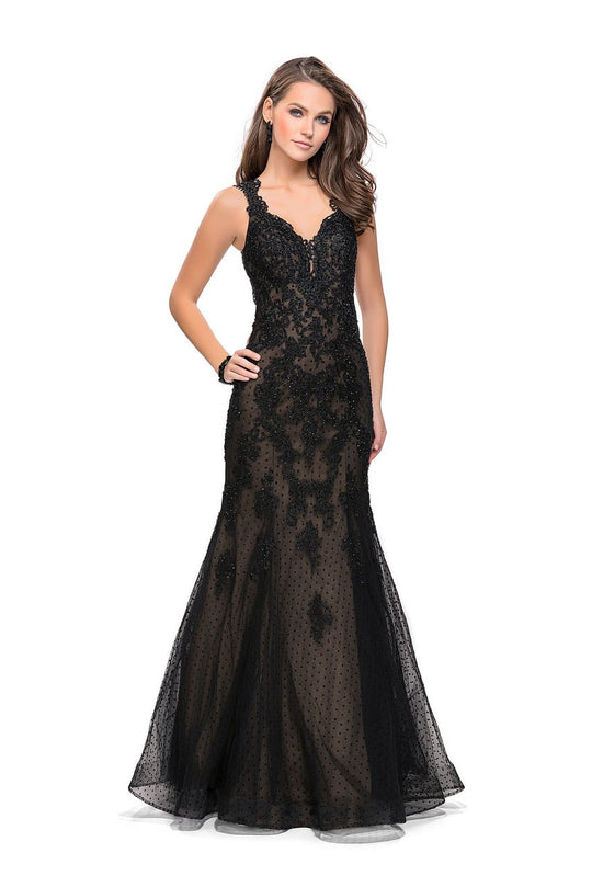 La Femme - 25961 Beaded Lace V-neck Mermaid Dress In Black and Neutral