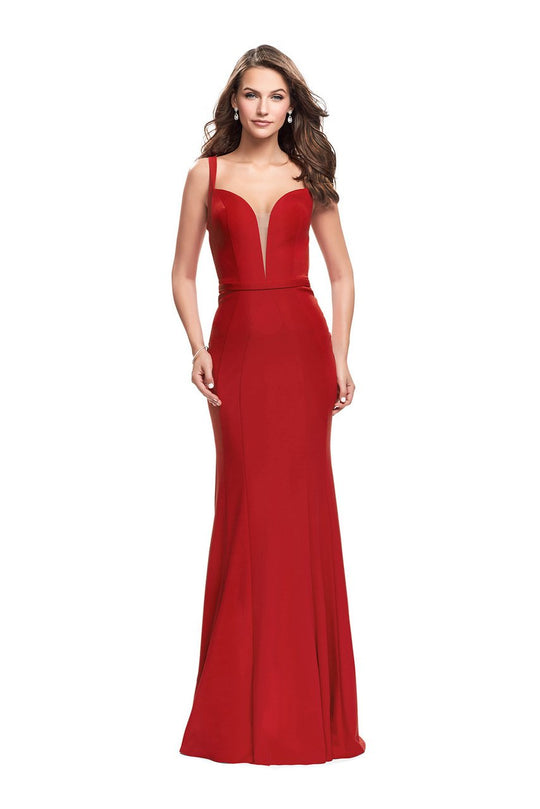La Femme Gigi - 25964 Deep V-neck Jersey Sheath Dress In Red