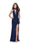 La Femme Fitted Striped High Neck Sheath Dress in Blue