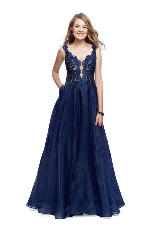La Femme - 25970 Beaded Lace V-neck Organza A-line Gown In Blue