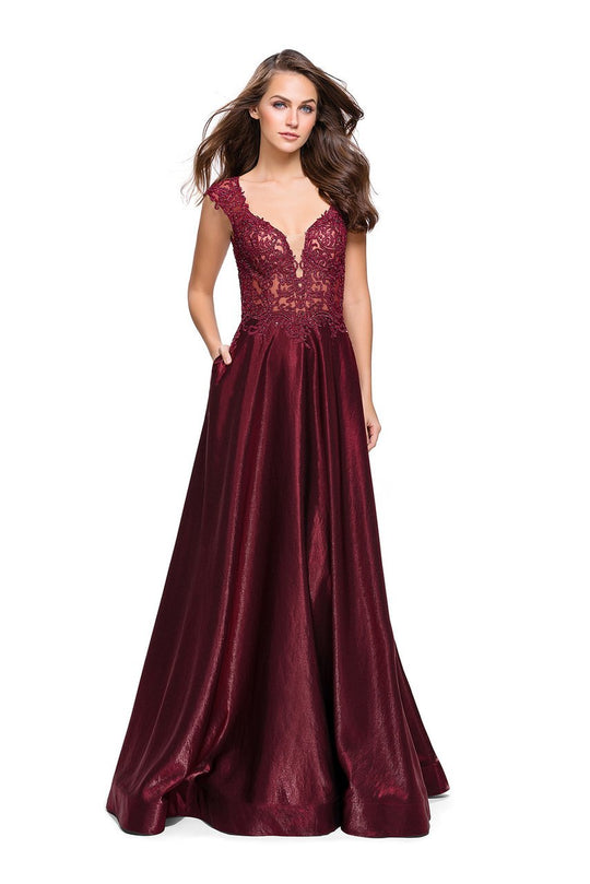 La Femme - 25973 Lace Cap Sleeves Satin A-line Gown In Red