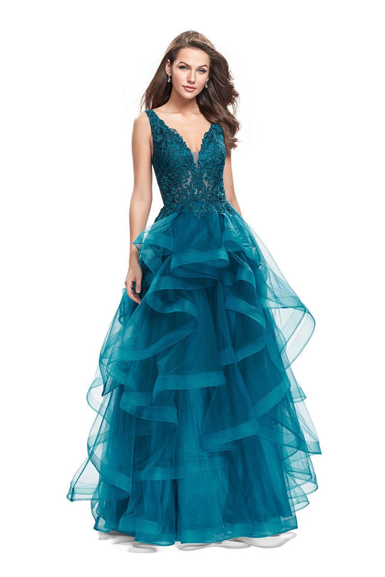 La Femme Gigi - 25982 Deep V-neck Ruffle Tulle A-line Gown In Blue