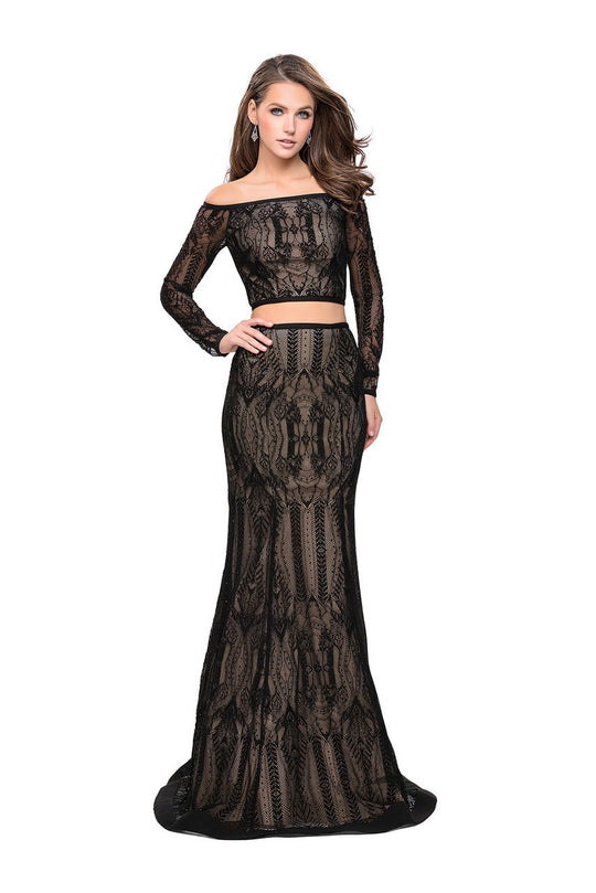 La Femme - 25983 Two Piece Beaded Lace Fitted Sheath Dress In Black