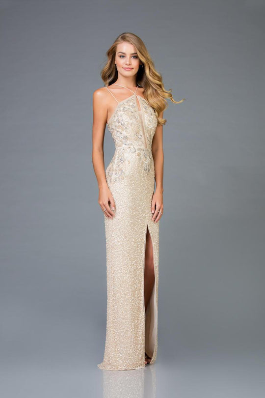 Scala - 48940 Embellished Halter Gown with Slit In Nude