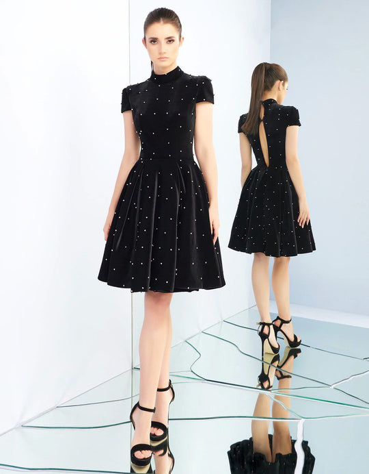 Ieena Duggal - 26000I High Neck Polka Dots A-Line Cocktail Dress in Black and White