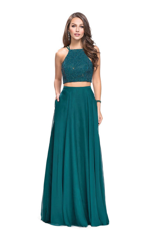 La Femme - 26002 Beaded High Halter Neck Two-Piece Chiffon Gown In Green